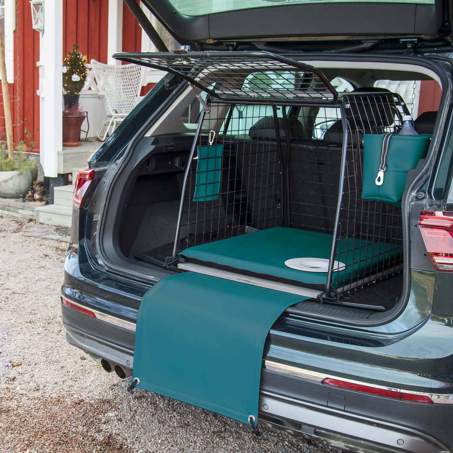 Havsgrön bagageväska med matchande hundtillbehör